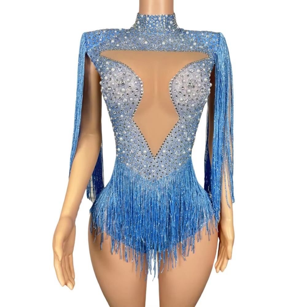 Rhinestone Banding Trim - 블루 라인스톤 태슬 바디수트 섹시 메쉬