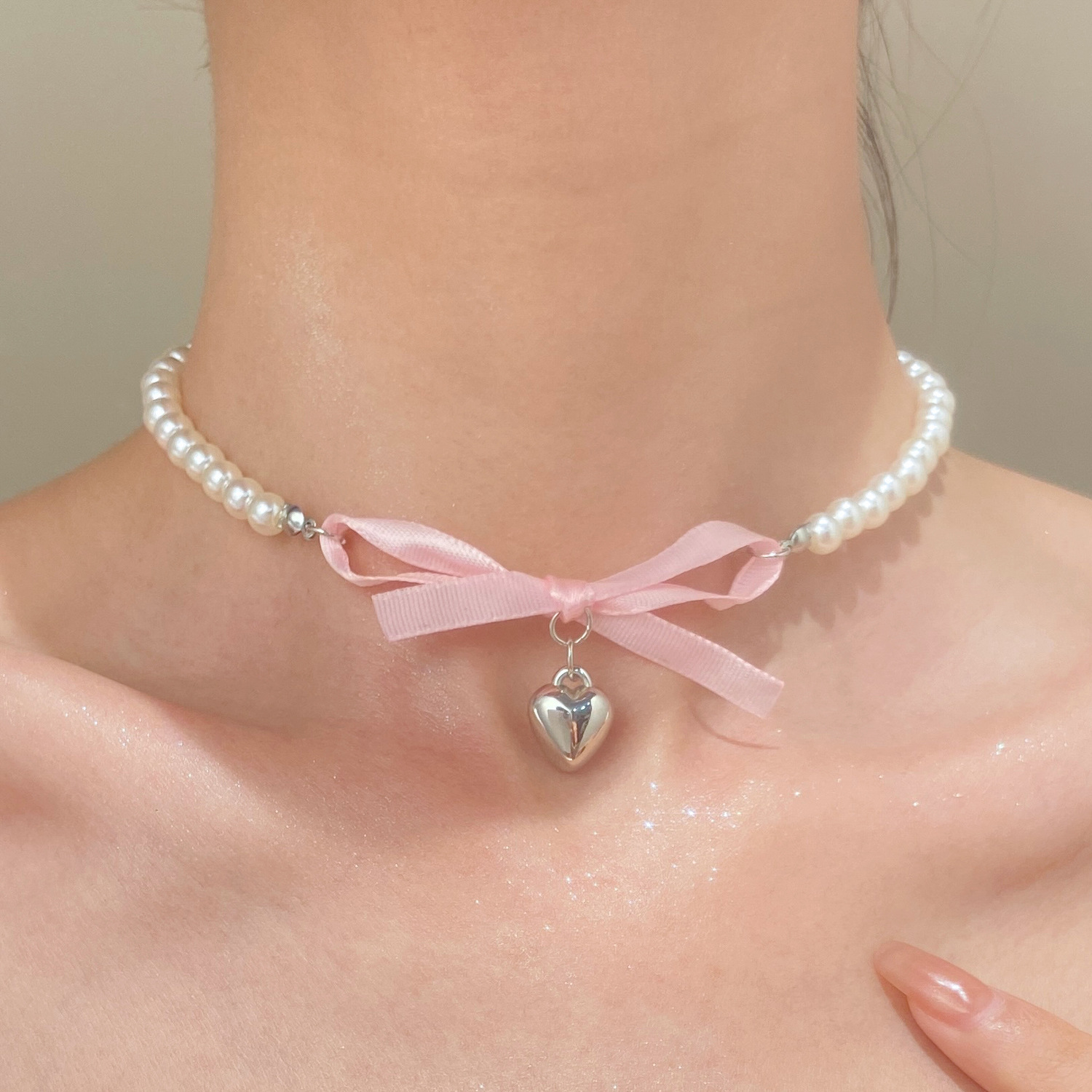 Pearl Trim Chain - 프랑스어 로맨틱 핑크 Bowknot 하트 펜던트