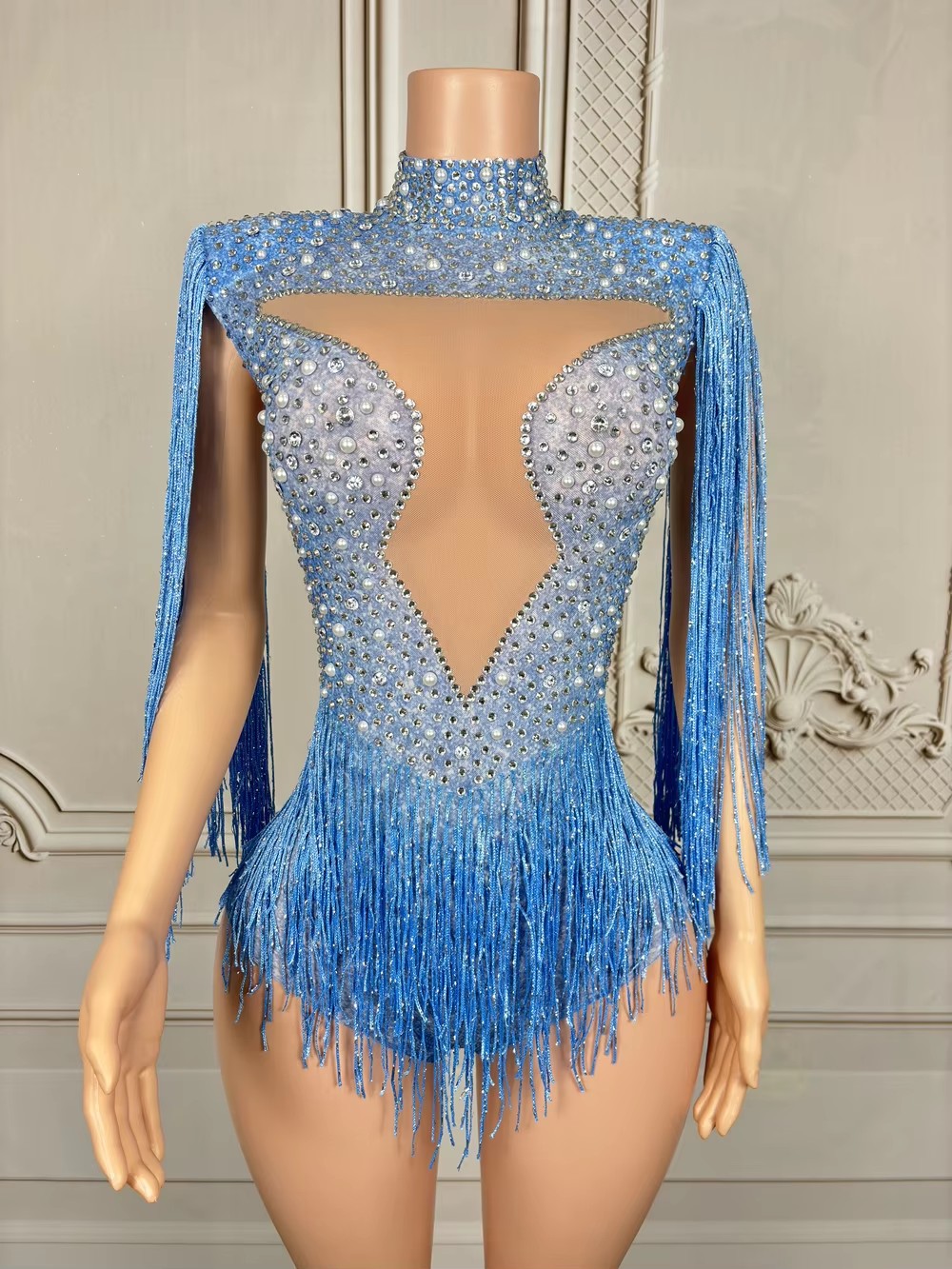 블루 라인스톤 태슬 바디수트 섹시 메쉬 여성 댄스 공연 - Rhinestone Banding Trim 리뷰 및 가격
