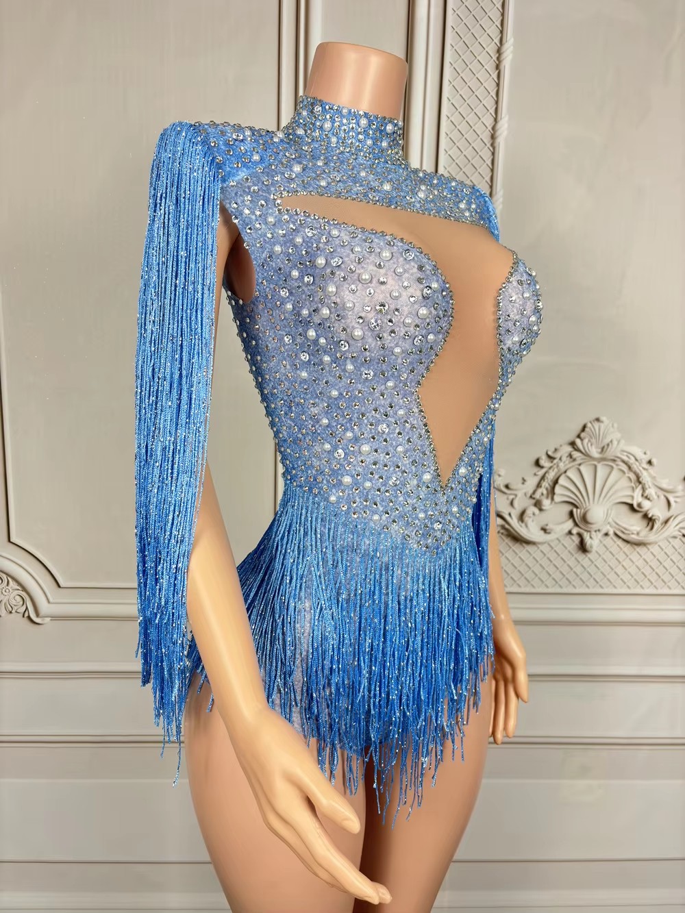 블루 라인스톤 태슬 바디수트 섹시 메쉬 여성 댄스 공연 - Rhinestone Banding Trim 리뷰 및 가격