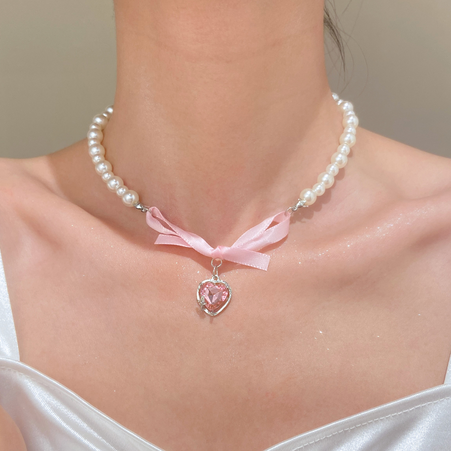 프랑스어 로맨틱 핑크 Bowknot 하트 펜던트 진주  - Pearl Trim Chain 리뷰 및 가격