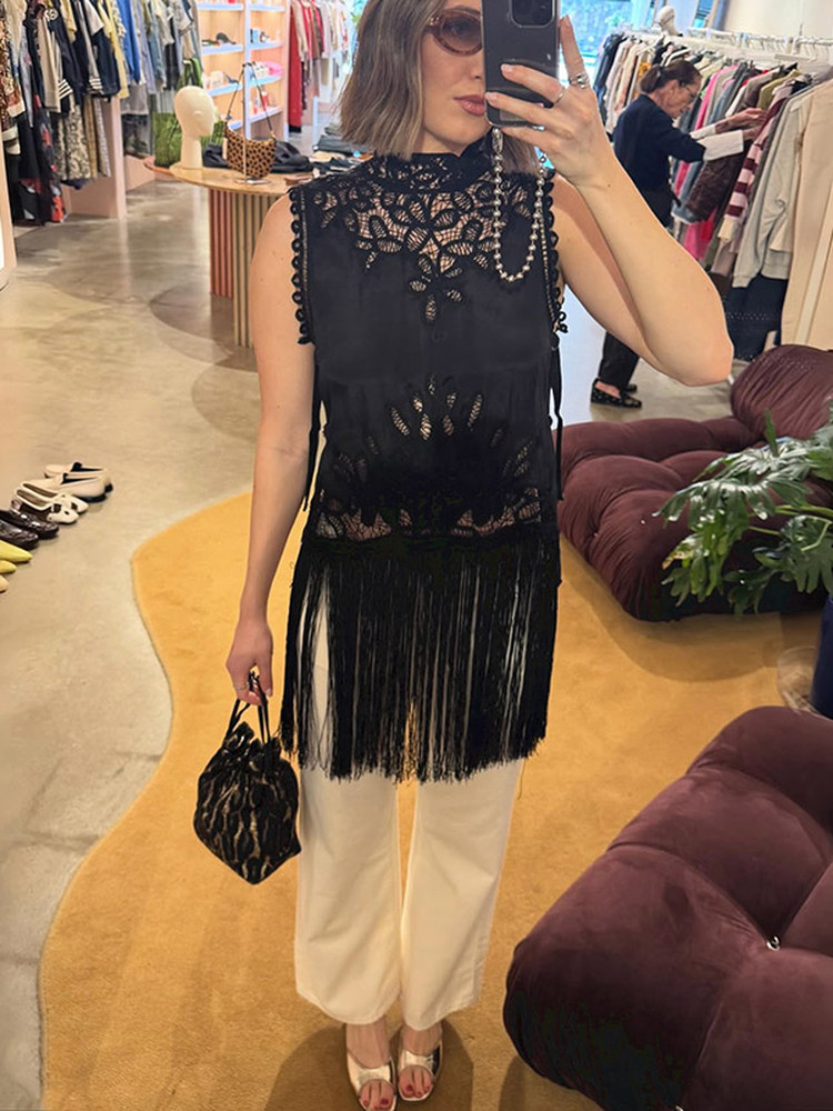 프렌치 스타일 매듭 속이 비치는 민소매 스탠드 칼라 여 - Tassel Fringe Trim 리뷰 및 가격