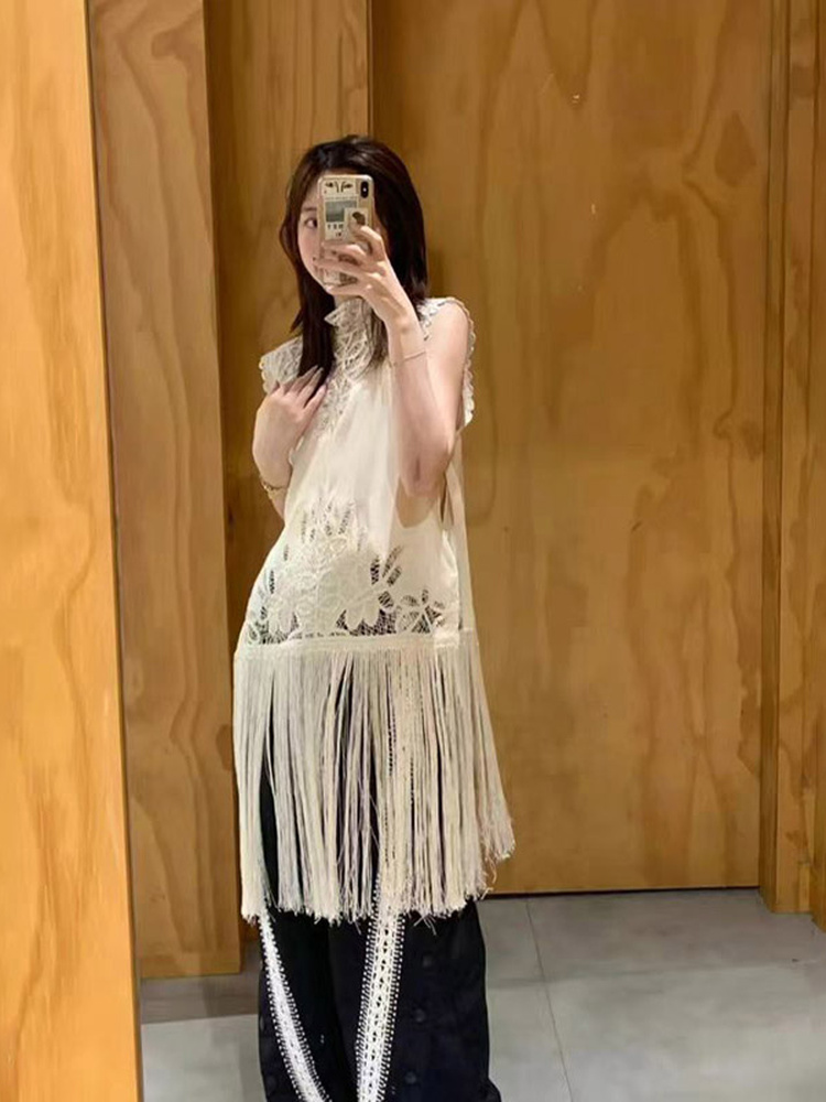 프렌치 스타일 매듭 속이 비치는 민소매 스탠드 칼라 여 - Tassel Fringe Trim 리뷰 및 가격